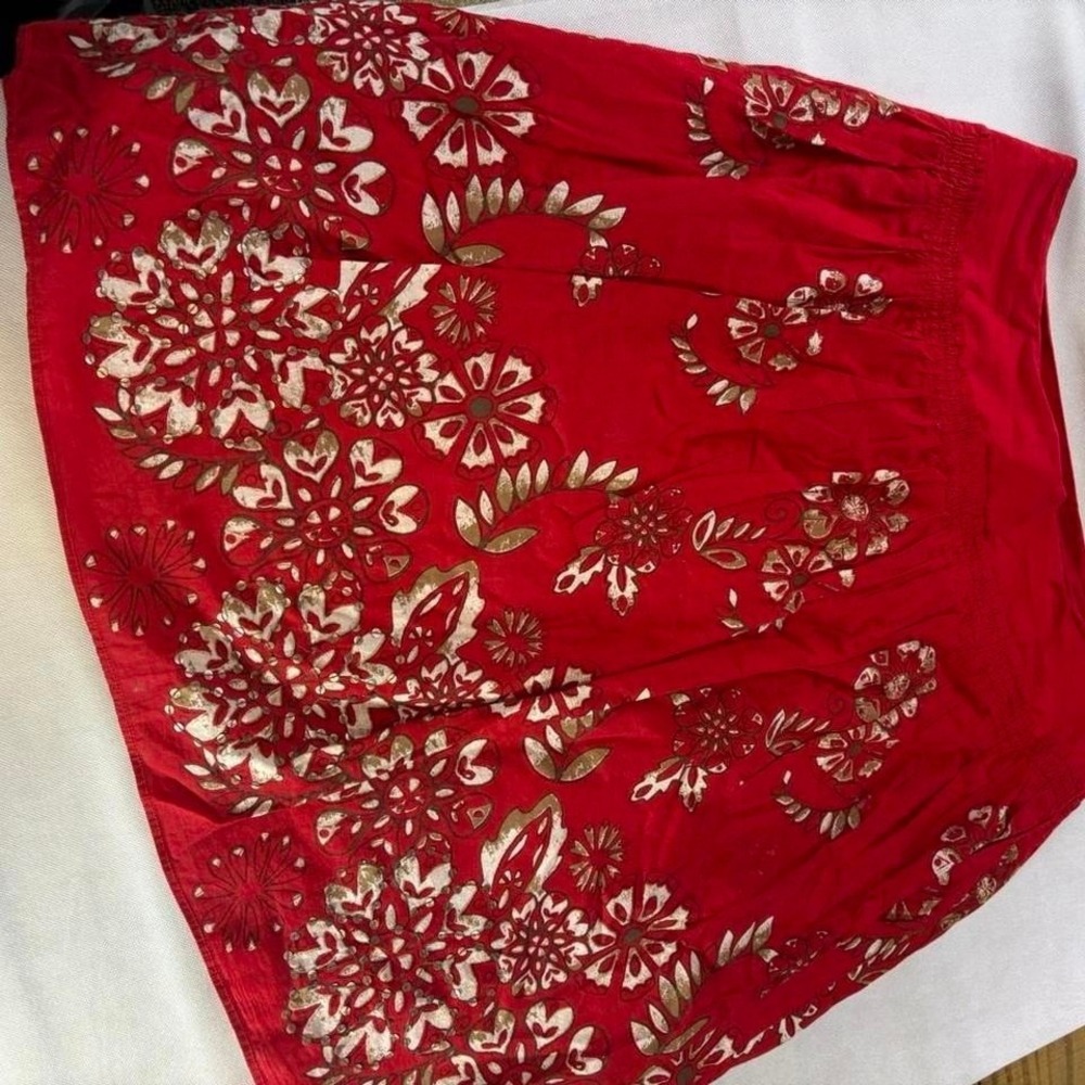 DKNY Red Floral Sequin Cotton Mini Skirt Womens 12 Festive Holiday Gold White